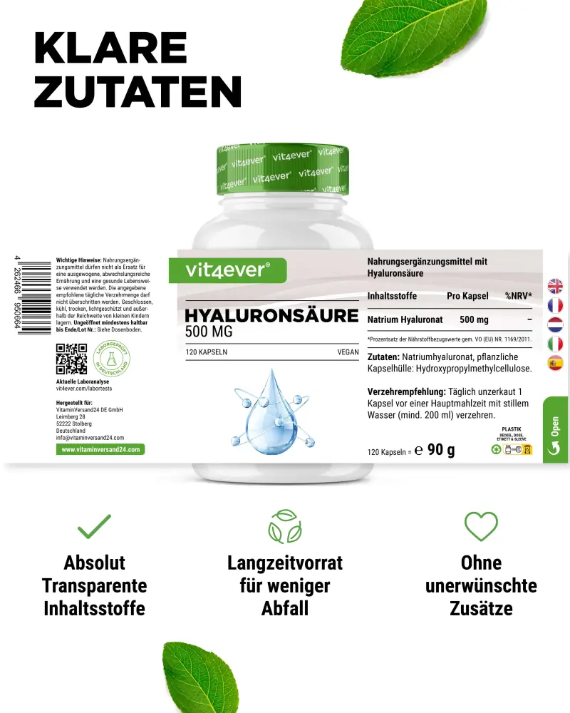 Vit4ever Acide hyaluronique – 120 gélules – Nährwerte