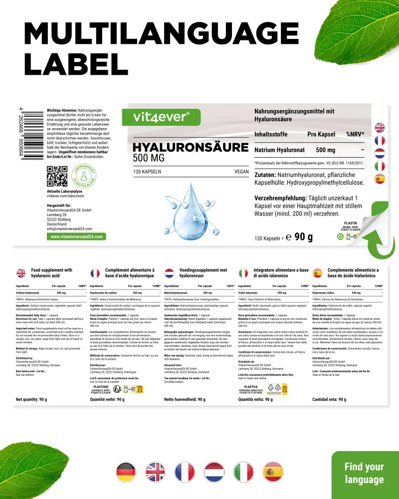 Vit4ever Acide hyaluronique – 120 gélules – Rückseite