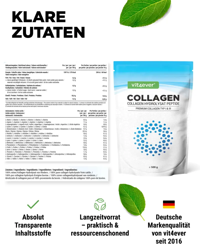 Vit4ever Collageen – 500 g – Nährwerte