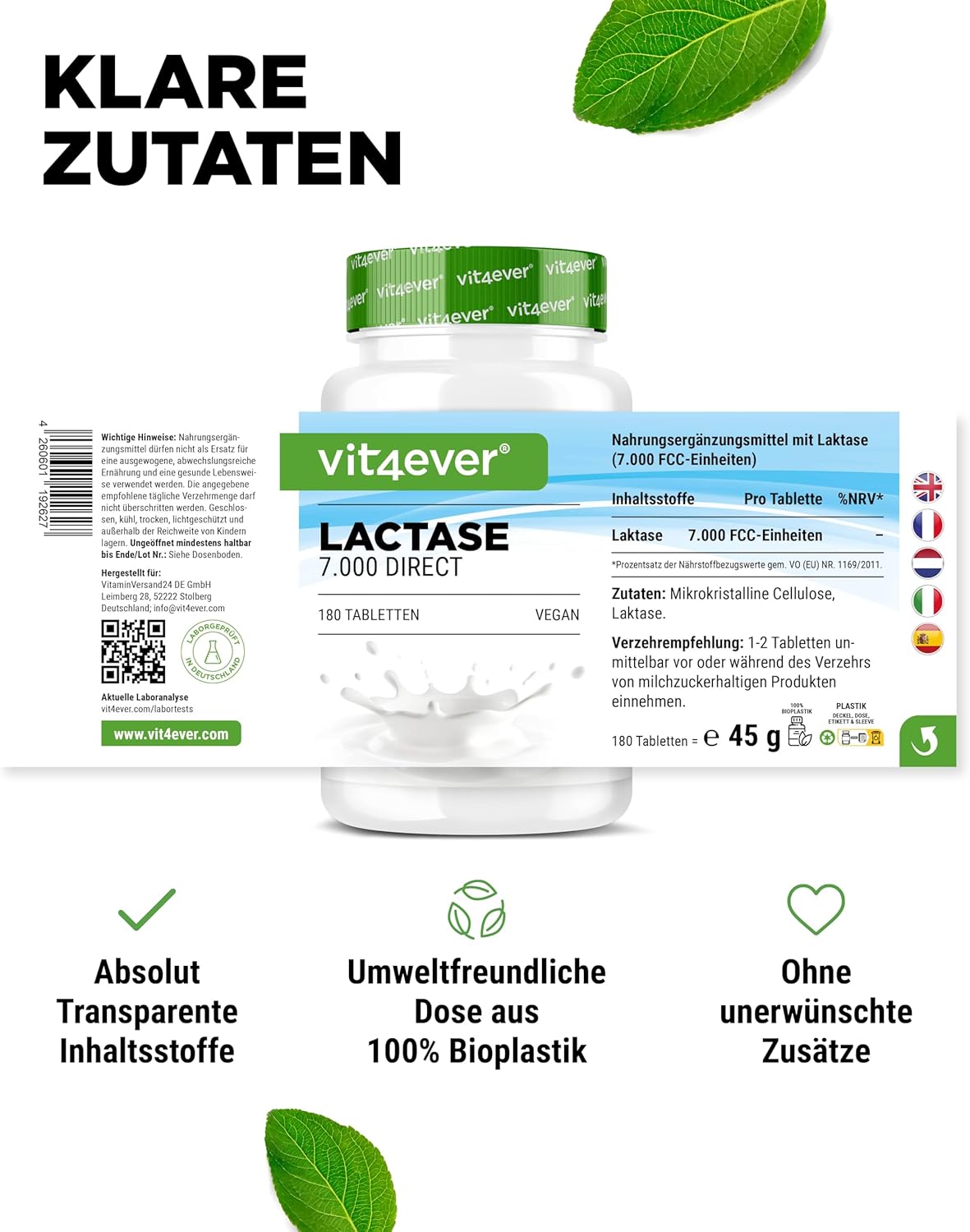 Vit4ever Lactase 7000 direct – 180 comprimidos – Nährwerte
