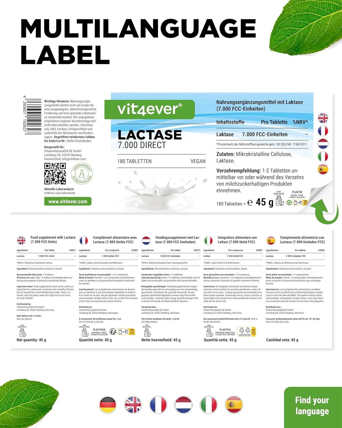 Vit4ever Lactase 7000 direct – 180 comprimidos – Rückseite
