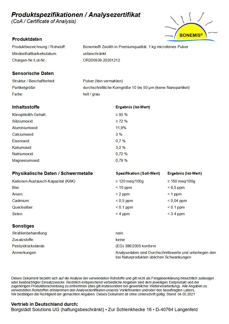 Bonemis Zeólito em pó Premium – 1000 g – Rückseite