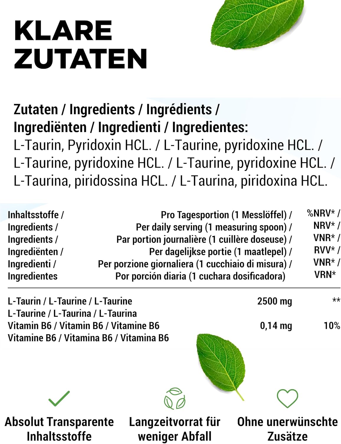 Vit4ever Taurin Pulver – 1000 g – Nährwerte