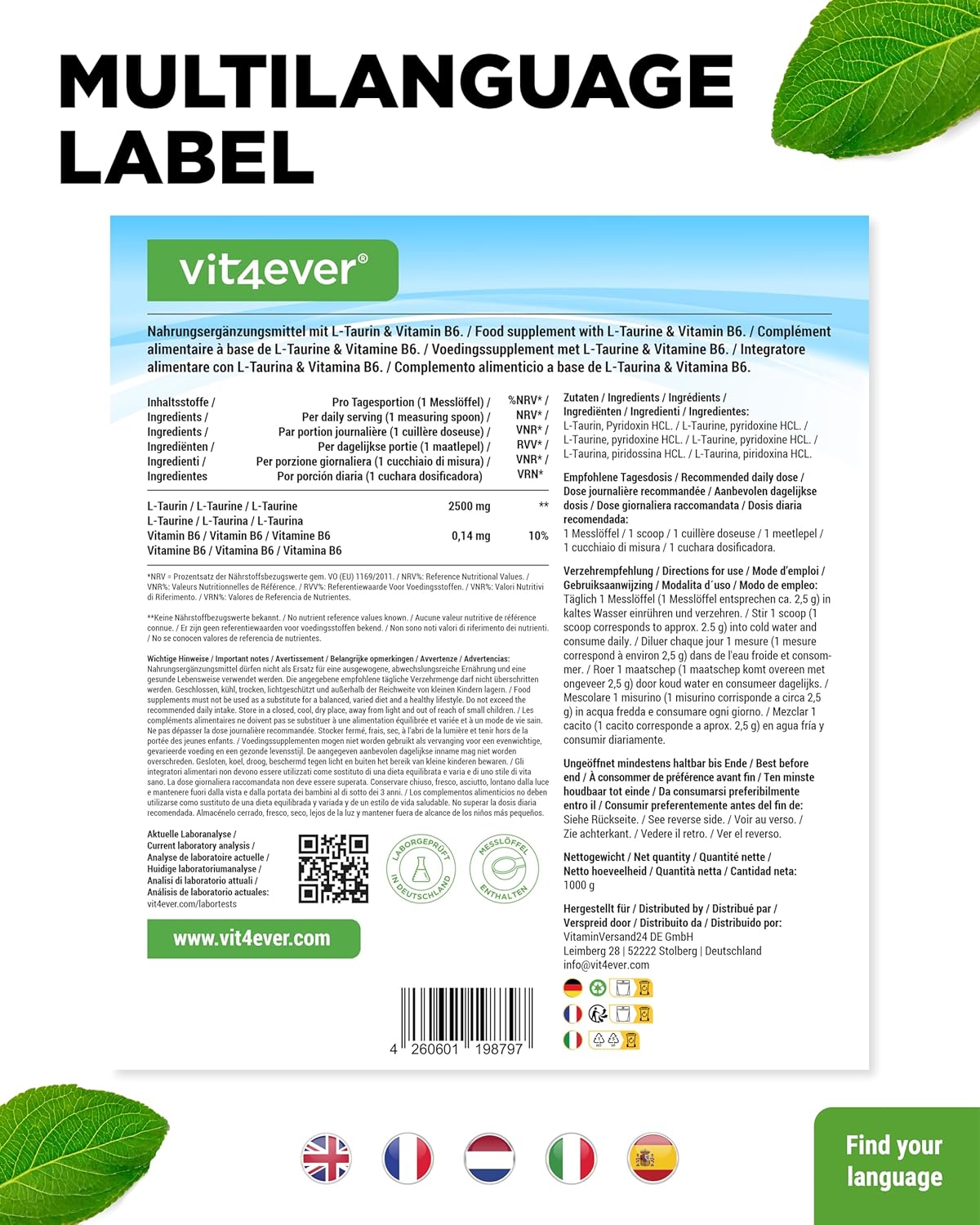 Vit4ever Taurin Pulver – 1000 g – Rückseite
