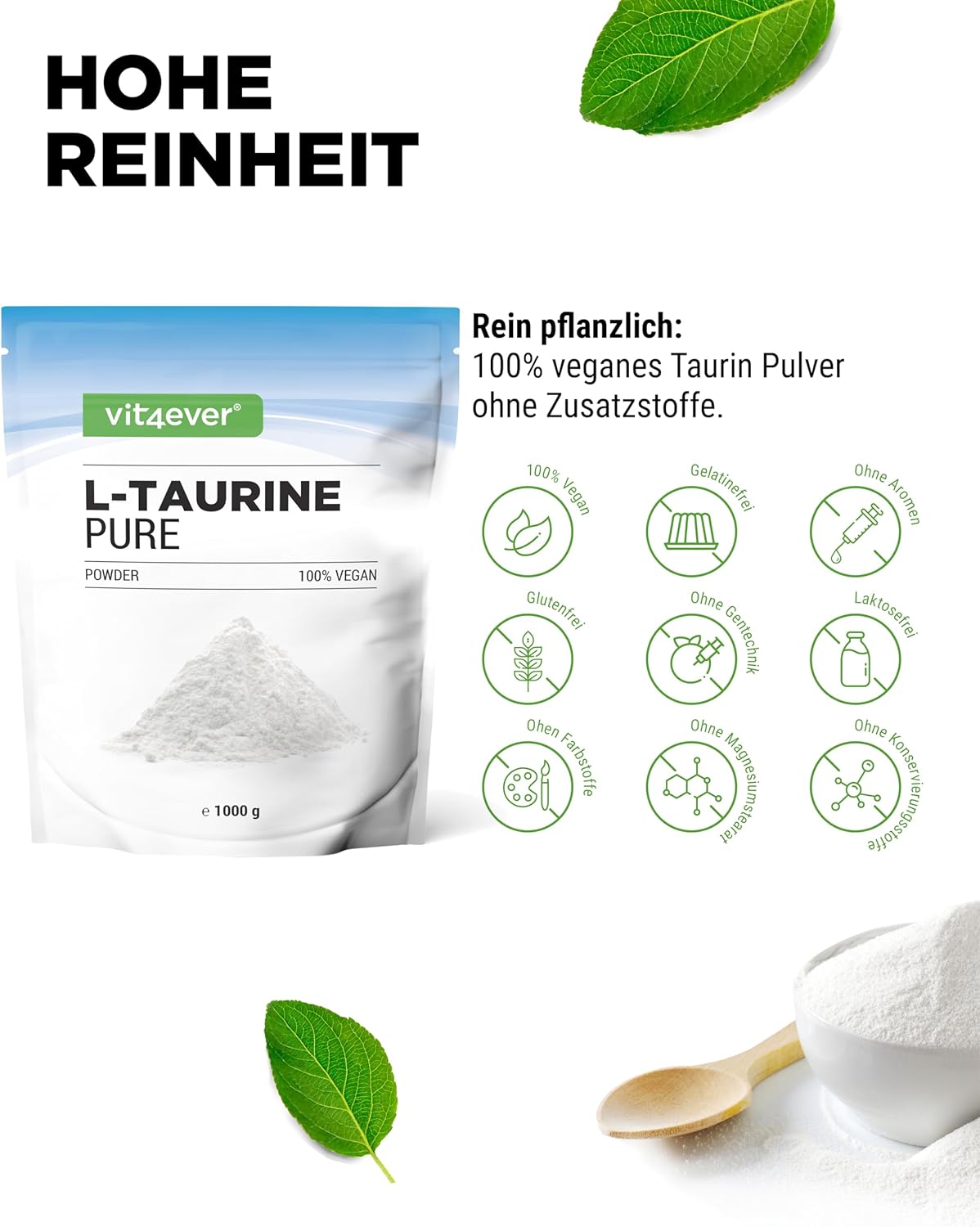 Vit4ever Taurin Pulver – 1000 g – Internationales Etikett