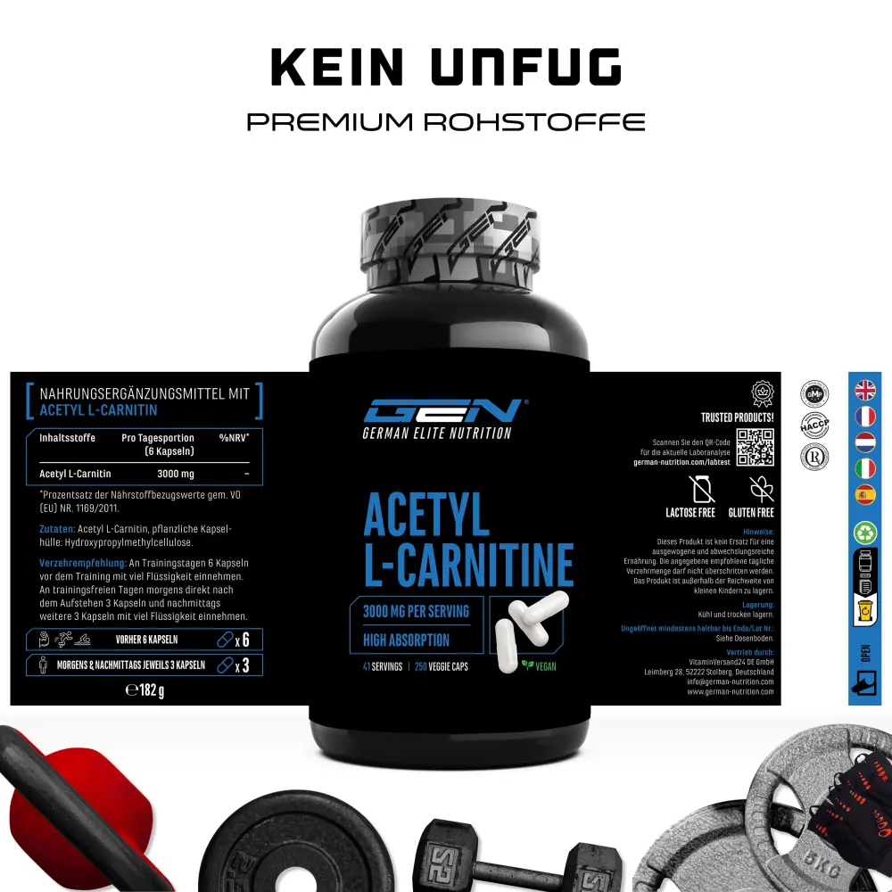 GEN Acetyl L-Carnitine – 250 cápsulas – Nährwerte