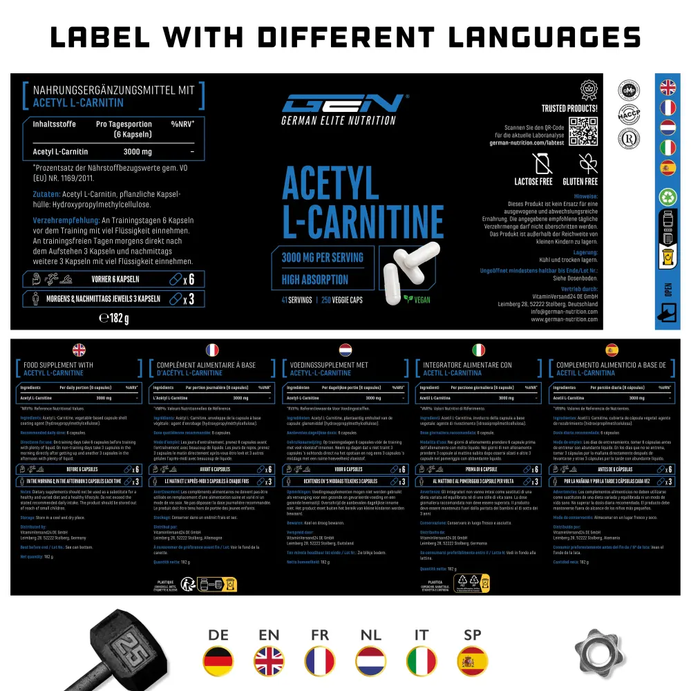 GEN Acetyl L-Carnitine – 250 cápsulas – Rückseite