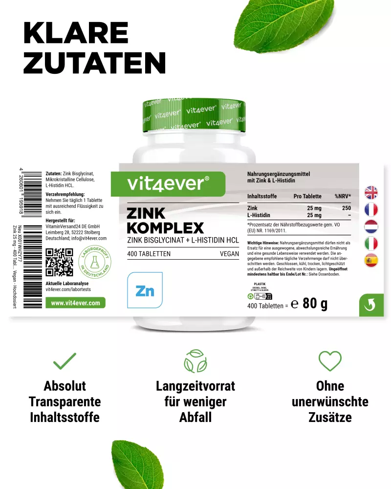 Vit4ever Zinkcomplex 25 mg – 400 tabletten – Nährwerte