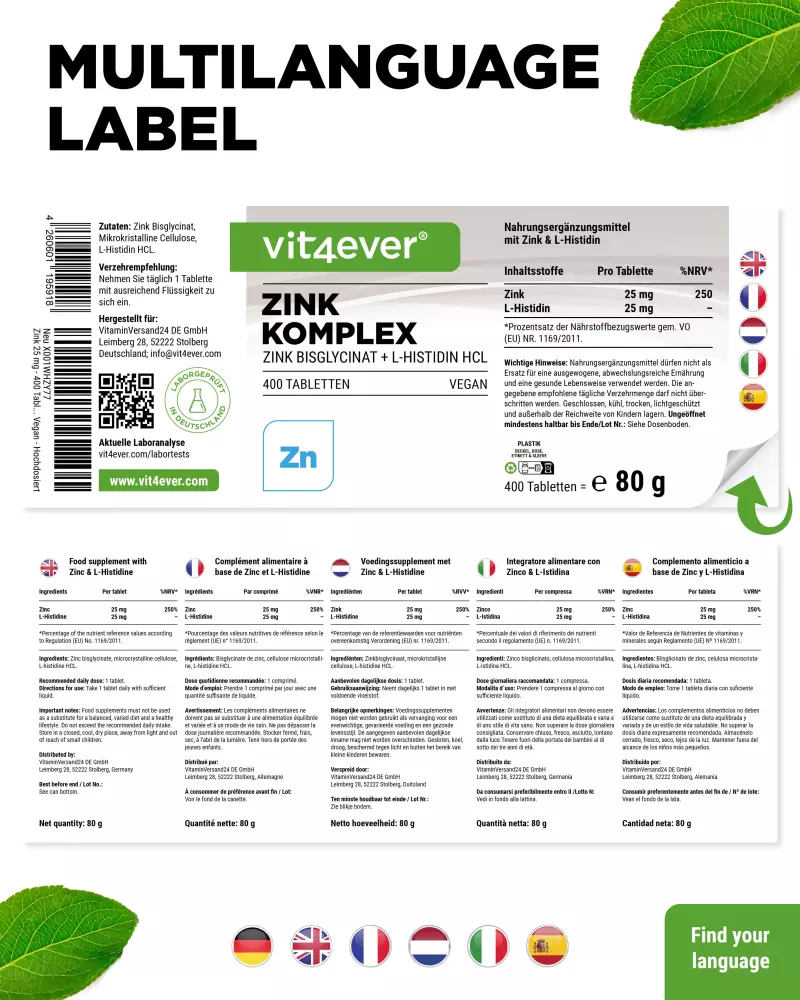 Vit4ever Zinkcomplex 25 mg – 400 tabletten – Rückseite