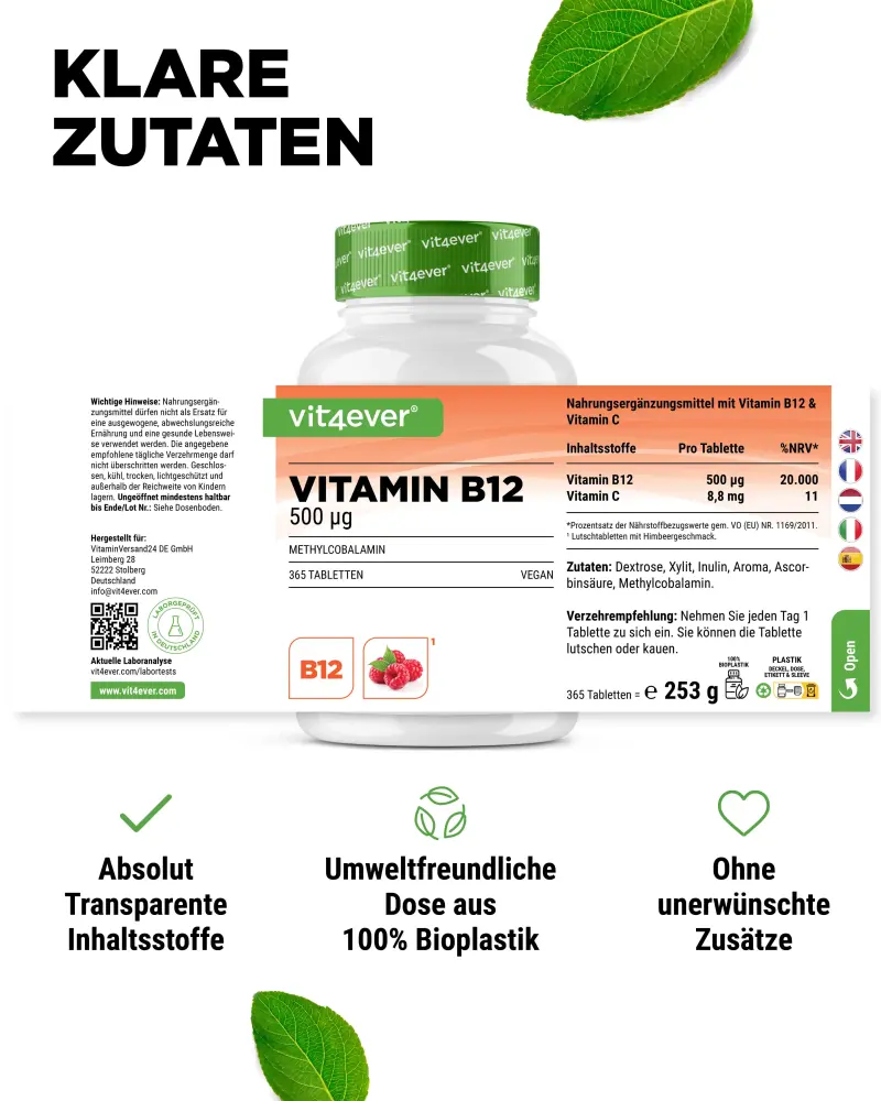 Vit4ever Raspberry-flavoured vitamin B12 – 365 tablets – Nährwerte