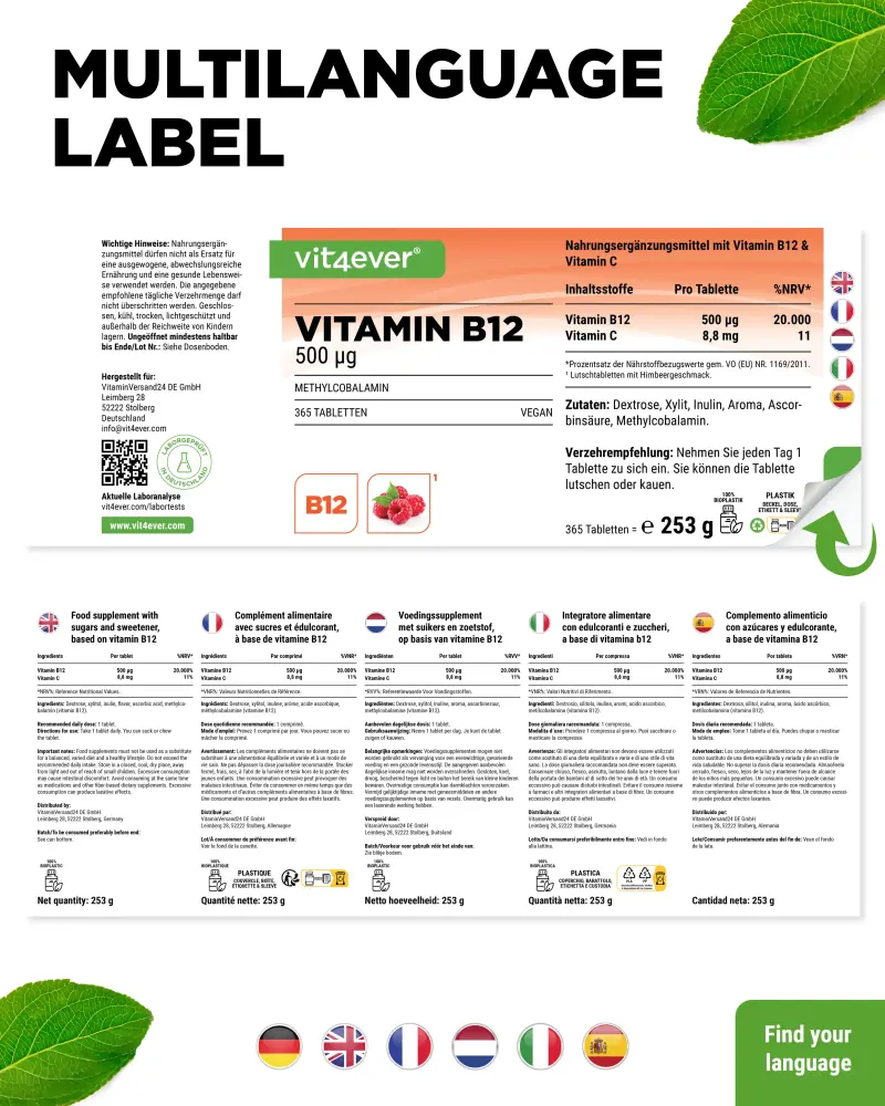 Vit4ever Raspberry-flavoured vitamin B12 – 365 tablets – Rückseite