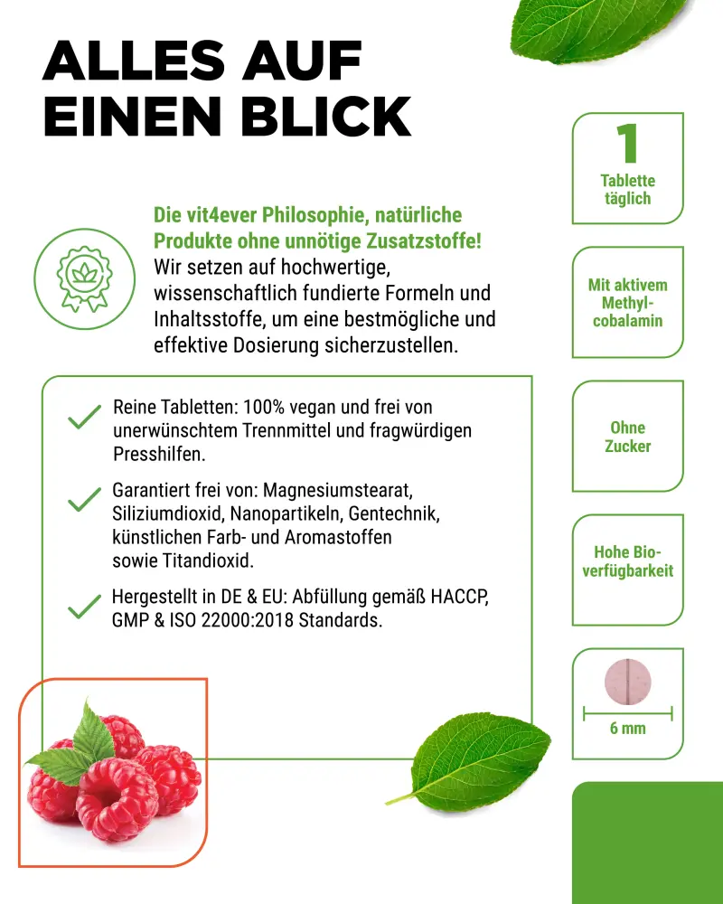 Vit4ever Raspberry-flavoured vitamin B12 – 365 tablets – Reinheit & Eigenschaften