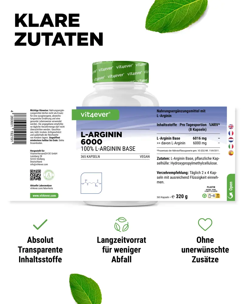 Vit4ever L-Arginin Base – 365 Kapseln – Nährwerte