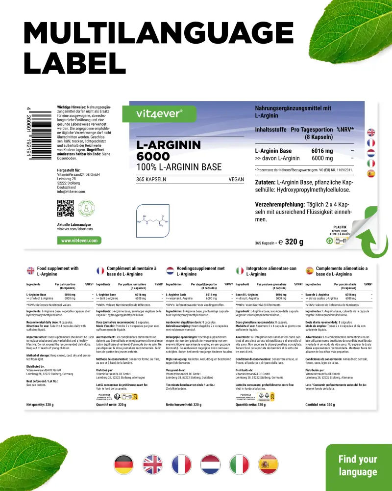 Vit4ever L-Arginin Base – 365 Kapseln – Rückseite