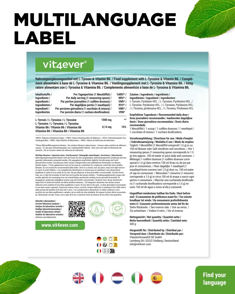 Vit4ever L-Tyrosine – 500 g – Rückseite