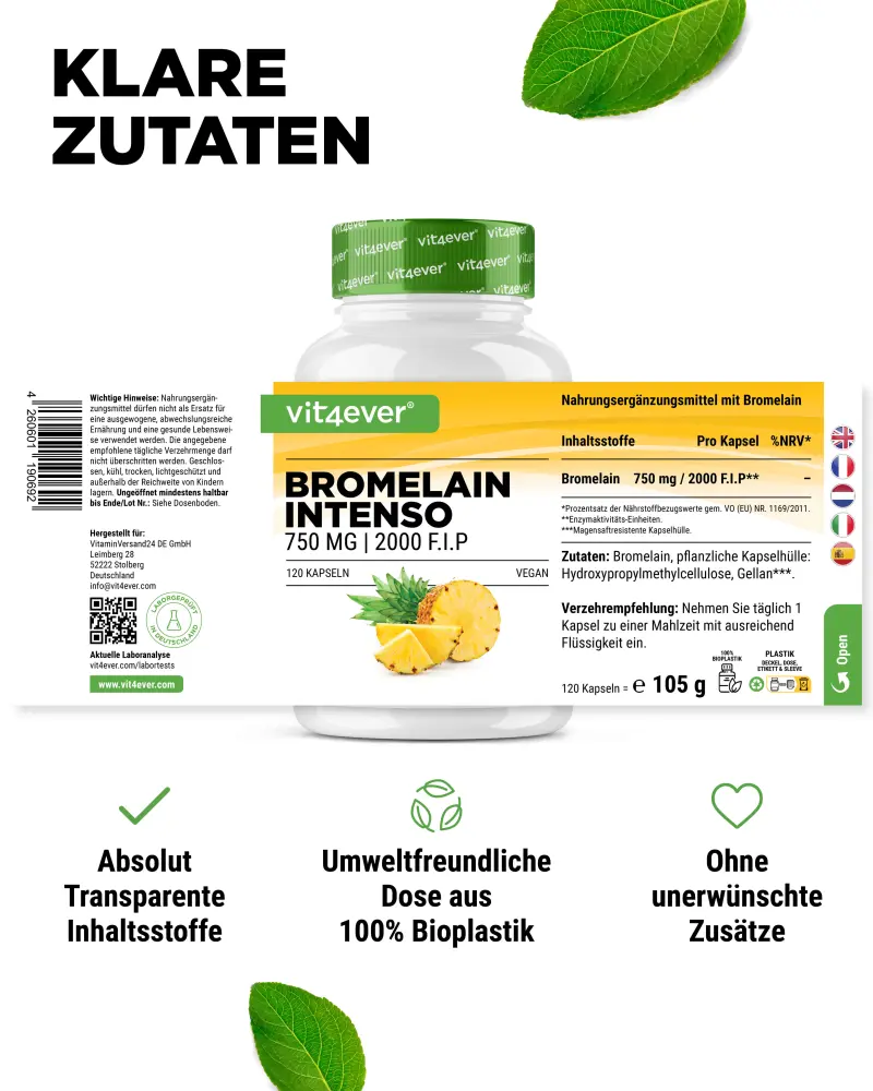 Vit4ever Bromelain Intenso 2000 F.I.P – 120 Kapseln – Nährwerte