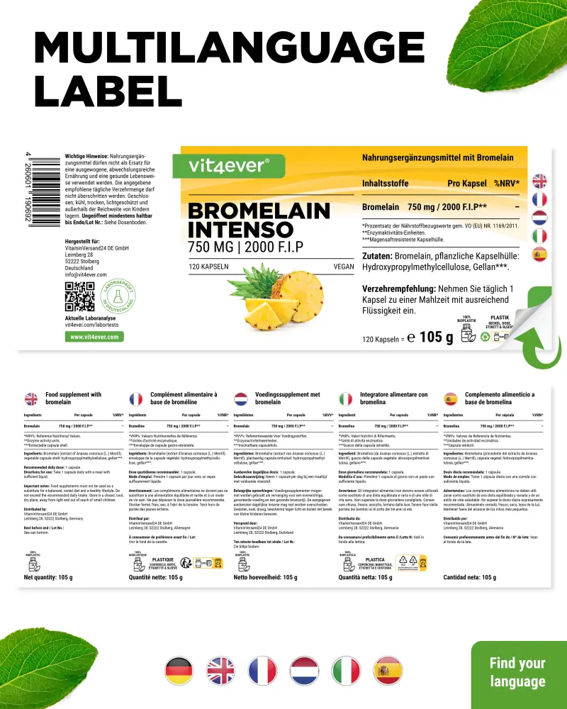 Vit4ever Bromelain Intenso 2000 F.I.P – 120 Kapseln – Rückseite