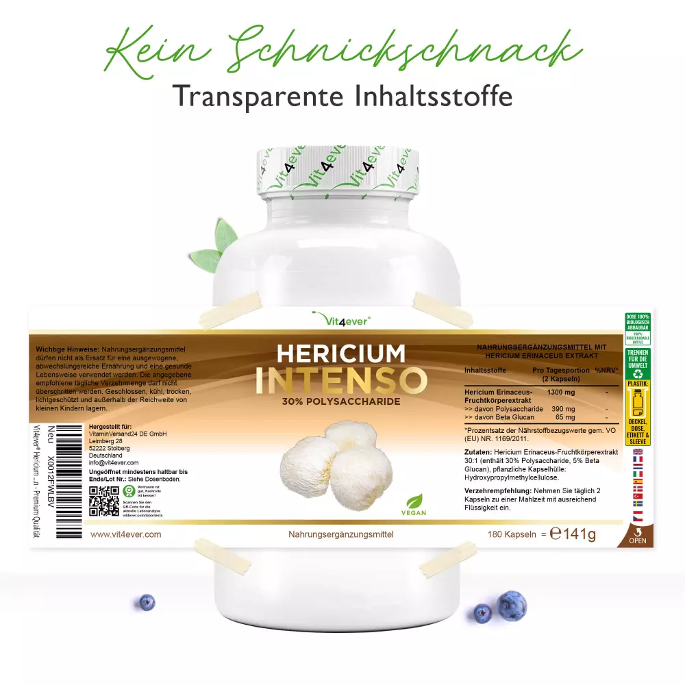 Vit4ever Hericium Erinaceus Intenso – 180 cápsulas – Nährwerte