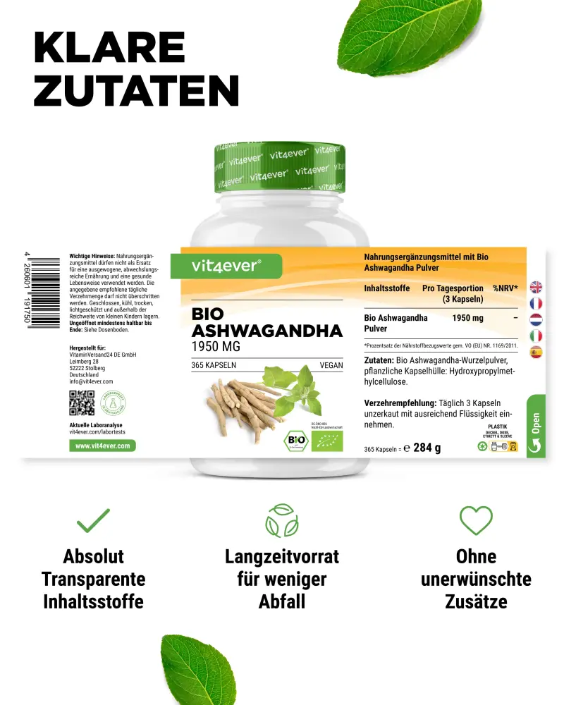 Vit4ever Ashwagandha biologique – 365 gélules – Nährwerte