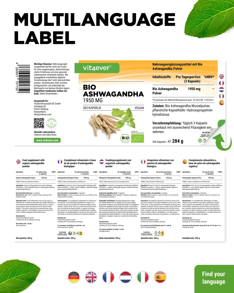 Vit4ever Ashwagandha biologique – 365 gélules – Rückseite