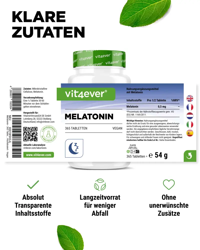 Vit4ever Melatonin – 365 Tabletten – Nährwerte