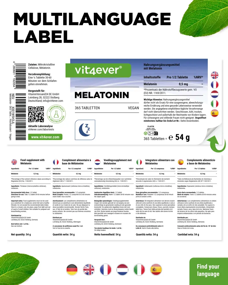 Vit4ever Melatonin – 365 Tabletten – Rückseite