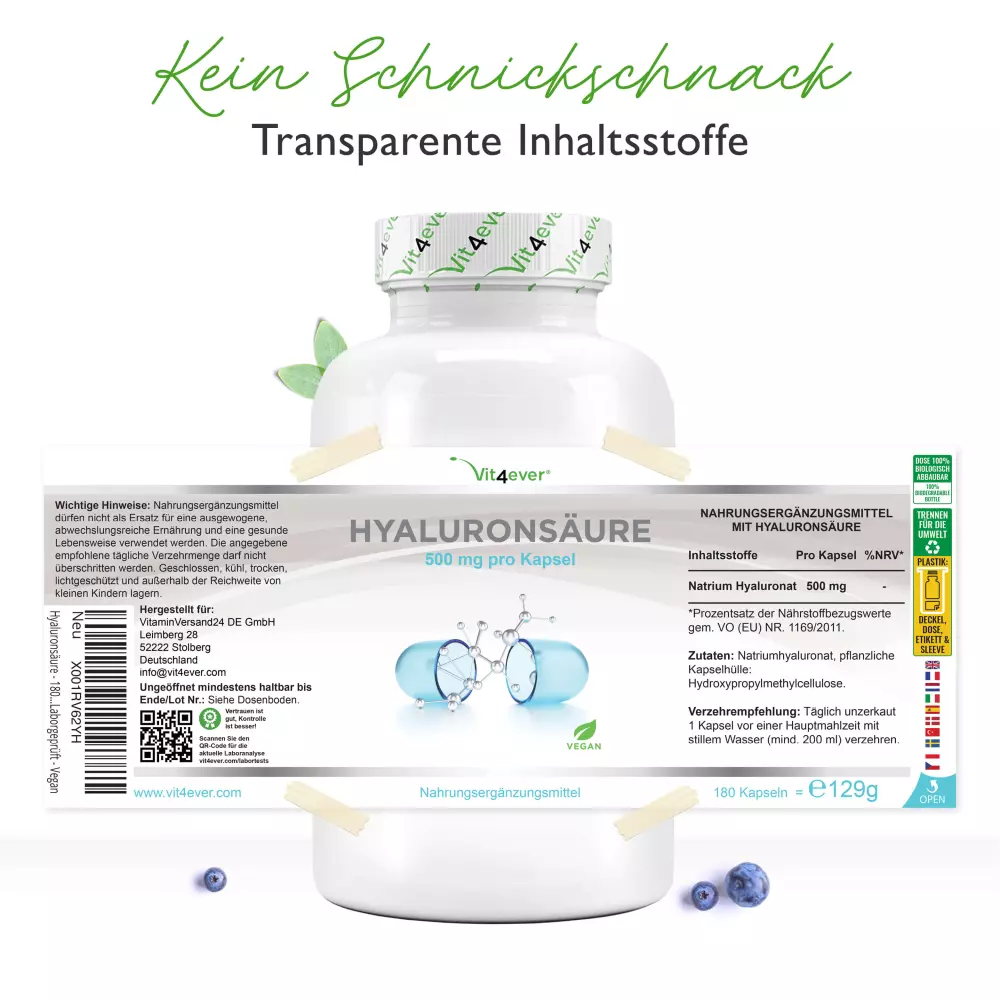 Vit4ever Acide hyaluronique – 180 gélules – Nährwerte