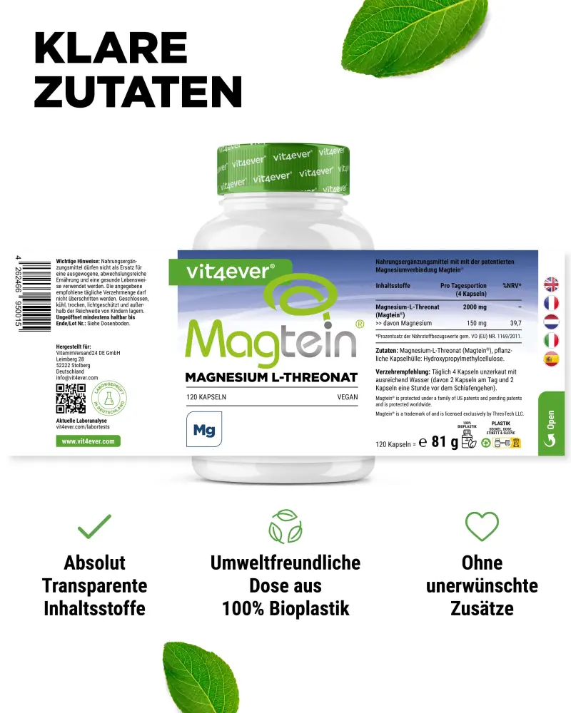 Vit4ever Magtein® L-Treonato de magnésio – 120 cápsulas – Nährwerte