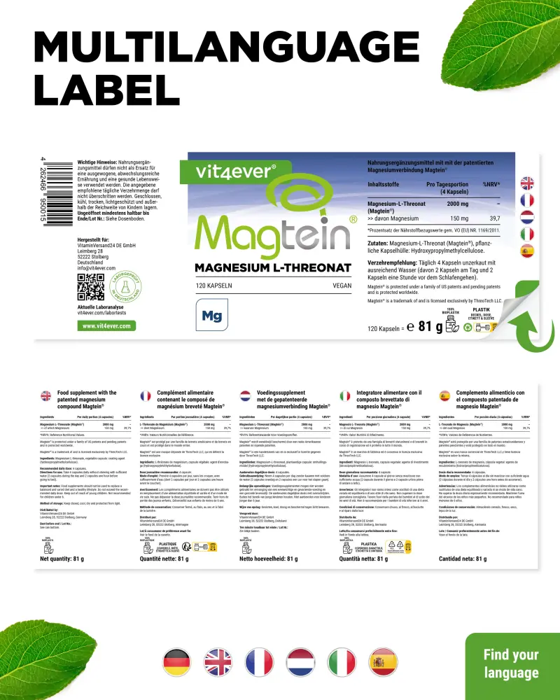 Vit4ever Magtein® L-Treonato de magnésio – 120 cápsulas – Rückseite