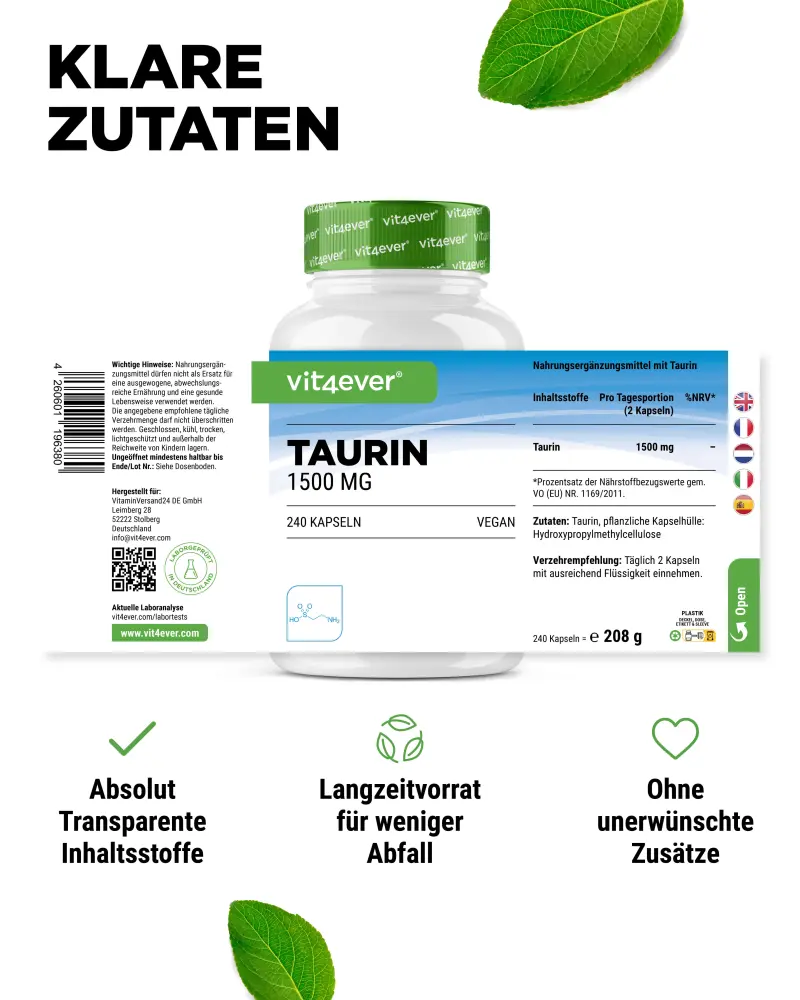Vit4ever Taurine – 240 gélules – Nährwerte