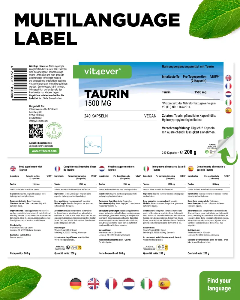 Vit4ever Taurine – 240 gélules – Rückseite