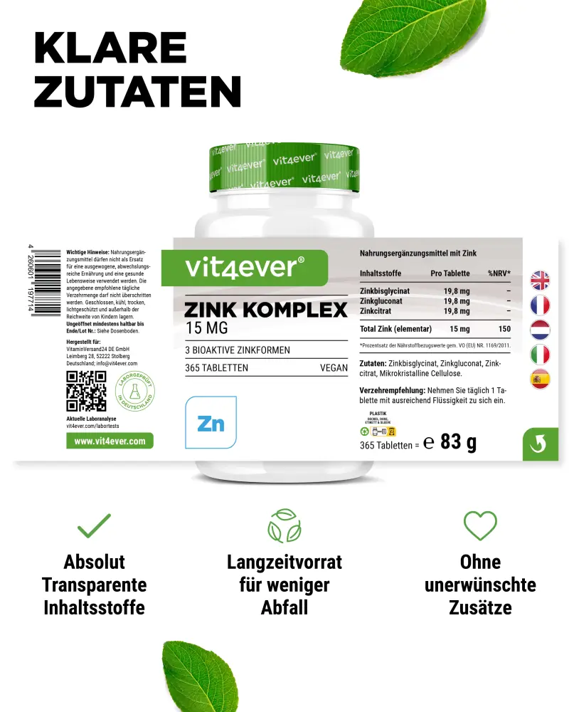 Vit4ever Zink 3-fach-Komplex 15 mg – 365 Tabletten – Nährwerte