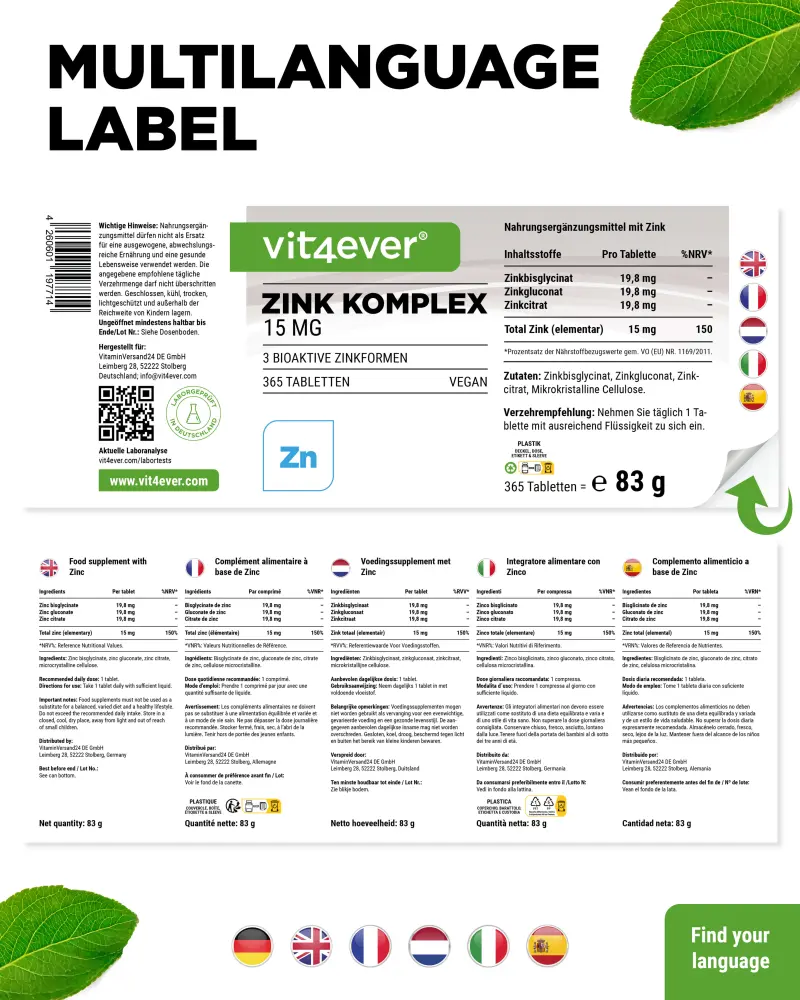 Vit4ever Zink 3-fach-Komplex 15 mg – 365 Tabletten – Rückseite