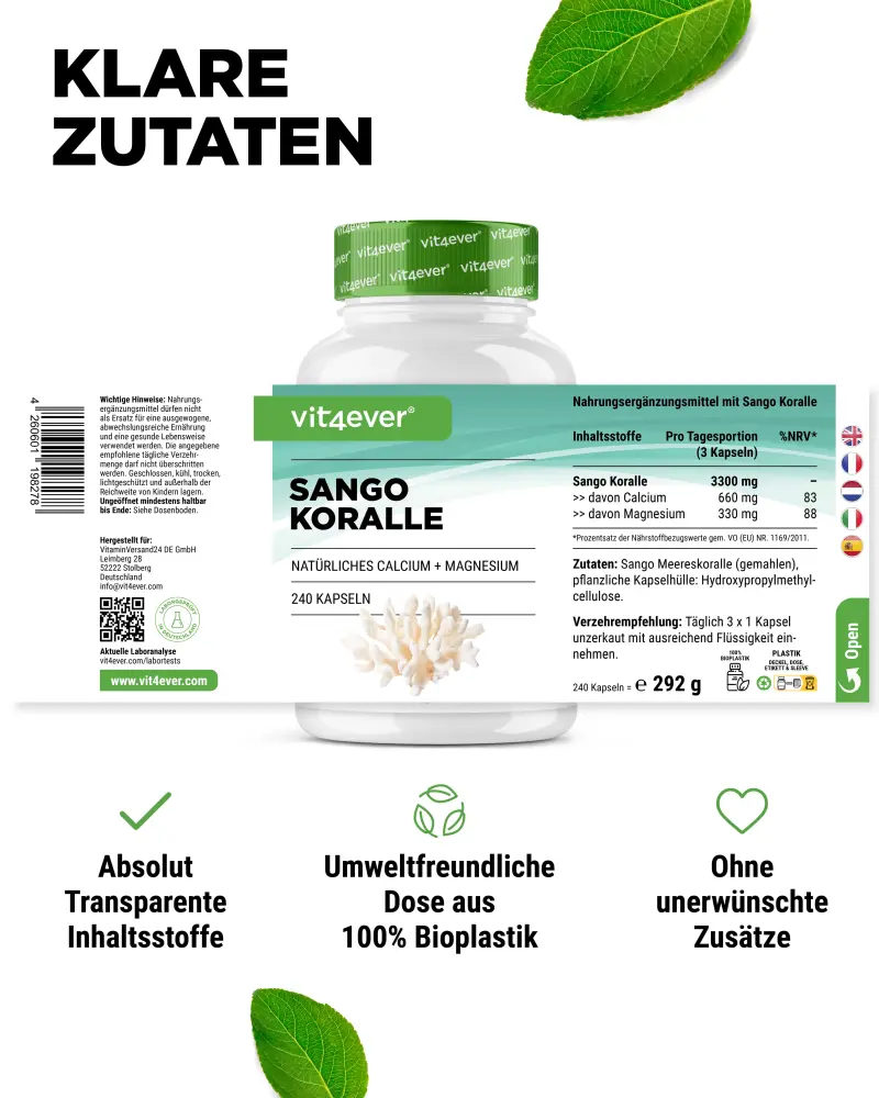 Vit4ever Corail de mer Sango – 240 gélules – Nährwerte