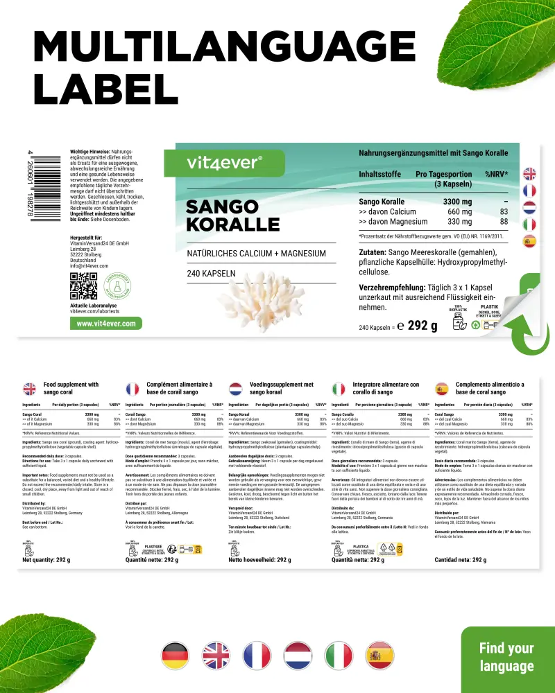 Vit4ever Corail de mer Sango – 240 gélules – Rückseite