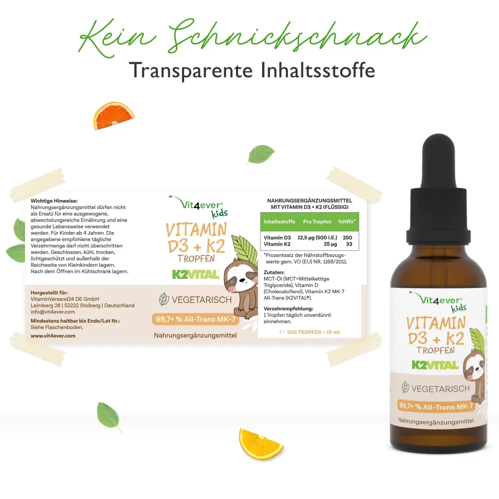 Vit4ever Vitamin D3 + K2 Drops for Kids – 10 ml – Nährwerte